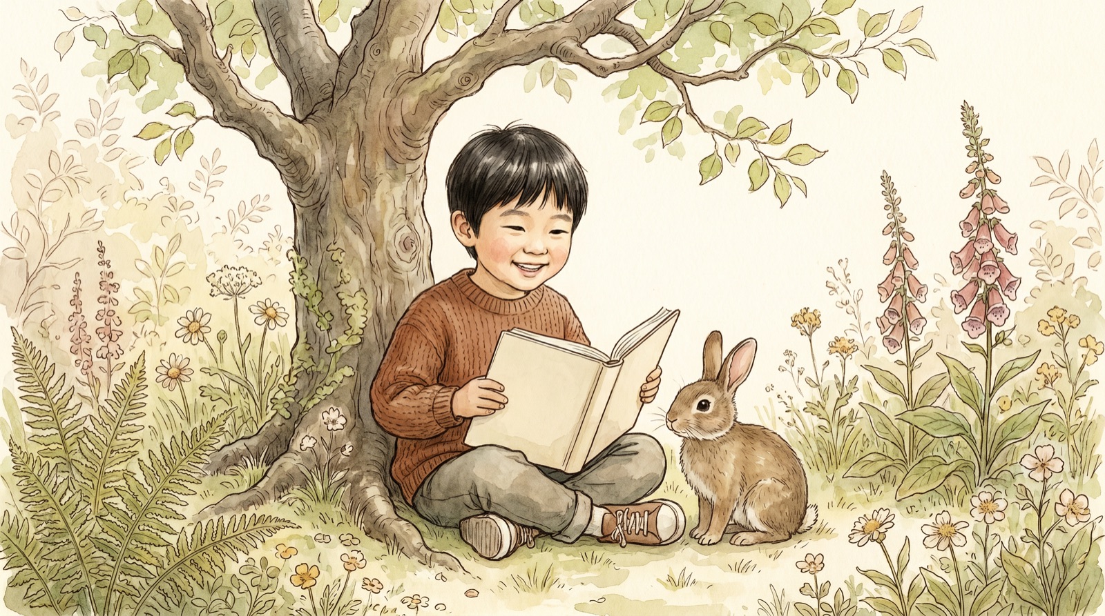 오래된 나무 아래 책 읽는 아이와 작은 토끼가 있는 클래식 동화풍 일러스트